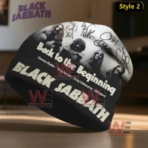 Black Sabbath Back to the Beginning Beanie Hat Cap 5 A black beanie displaying band portraits and printed signatures in a classic design!