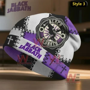 Black Sabbath Back to the Beginning Beanie Hat Cap 6 A patchwork style beanie in black white and purple with a circular band emblem!