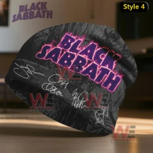 Black Sabbath Back to the Beginning Beanie Hat Cap 7 A black beanie with a pink band name graphic and multiple printed signatures!