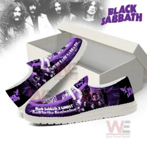 Purple slip on shoes with heavy metal inspired design shown with packaging and band backdrop!