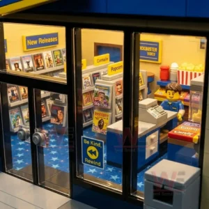 Blockbuster Video Classic Video Store Building Block Set 7 Interior of a miniature video rental store model showing shelves counter signage and small figures inside!