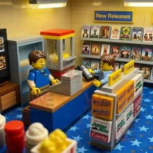 Blockbuster Video Classic Video Store Building Block Set 8 Miniature figures at a service counter inside a detailed building block video rental store with shelves and displays around them!