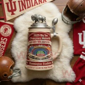Beer stein with stadium illustration and championship text surrounded by Indiana themed sports memorabilia on a fur mat!