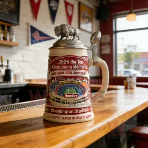 Stadium themed championship beer stein sitting on a bar counter with sports decor in the background!
