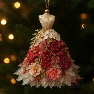 Ornament shaped like a floral gown with layered petals and roses hanging from a Christmas tree branch surrounded by warm lights!