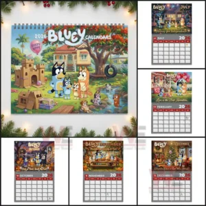 Bluey calendar pages with various illustrated scenes from the show!