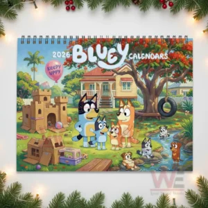 Bluey 2026 Wall Calendar 9 Cover page of a Bluey calendar showing the family in a backyard scene!