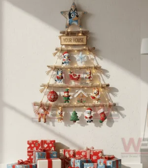 A rustic wooden branch Christmas wall tree decorated with Bluey ornaments hanging on a white wall above wrapped gifts!