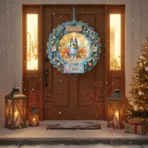 Blue themed christmas wreath with cartoon dog character hanging on a wooden door surrounded by winter decorations!