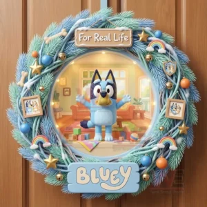 Close up of blue christmas wreath with cartoon dog character stars bells and colorful ornaments!