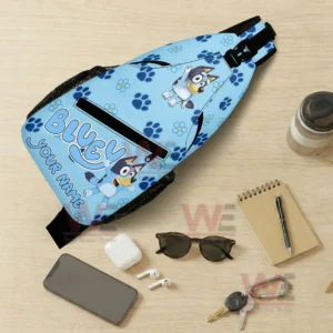 Bluey Personalized Sling Bags 7 Bluey sling backpack shown with personal items for daily carry use!