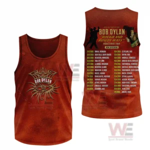 Brown Bob Dylan sleeveless tank top with tribal front logo and Rough And Rowdy Ways world tour dates printed on the back!