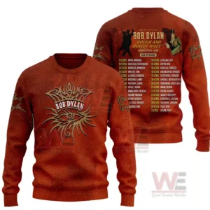 Brown Bob Dylan long sleeve sweatshirt showing tribal front artwork and world tour dates on the back!