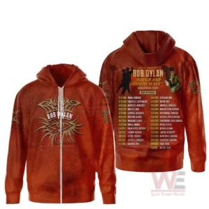 Brown Bob Dylan zip up hoodie with front tribal logo and back world tour schedule design!