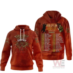 Brown Bob Dylan pullover hoodie with tribal front artwork and Rough And Rowdy Ways tour dates on the back!