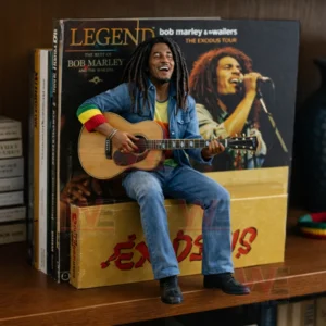 Resin figure of a smiling dreadlocked musician in denim holding an acoustic guitar seated on a wooden shelf in front of reggae vinyl record covers!