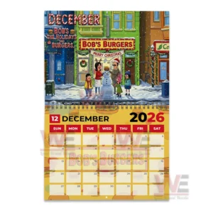 Bobs Burgers family posing with a snowman outside their restaurant in a snowy December setting.