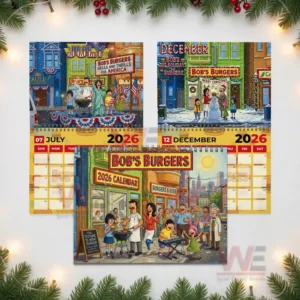 Bob's Burgers 2026 Wall Calendar 7 Collage of Bobs Burgers 2026 calendar pages showing various seasonal illustrations.