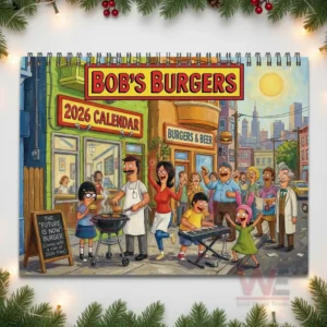 Bob's Burgers 2026 Wall Calendar 8 Bobs Burgers family cooking and celebrating with a crowd in front of their restaurant.
