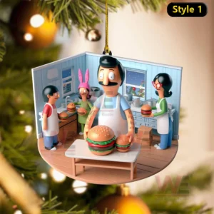 Miniature kitchen ornament featuring animated characters assembling burgers in a festive holiday setting!