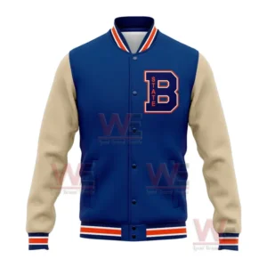 Boise State Broncos Vintage Logo Baseball Jacket 4 Front view of a blue and beige Boise State varsity jacket featuring a large orange B State chest graphic and striped trim!