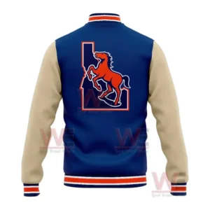 Boise State Broncos Vintage Logo Baseball Jacket 5 Back view of a blue and beige Boise State varsity jacket featuring a rearing orange bronco inside a state outline and striped trim!