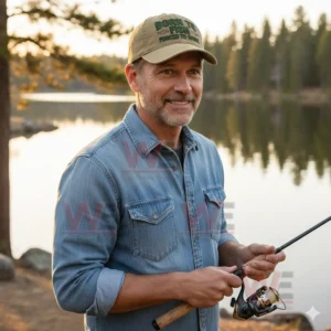 Man wearing a fishing themed cap holding a fishing rod near a quiet lake with forest background!
