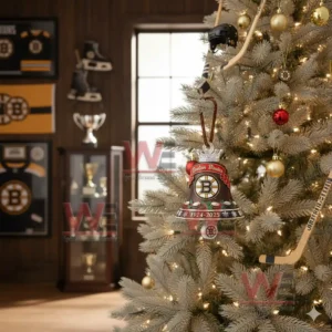 Boston Bruins 101st Anniversary 1924-2025 Christmas Bell Ornament 4 A brown and gold Boston Bruins holiday bell ornament hanging on a Christmas tree in a team themed room!