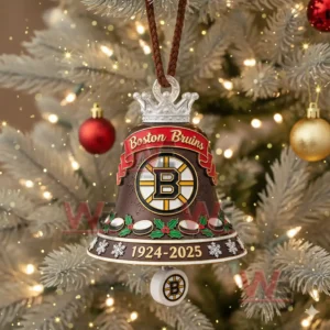 Boston Bruins 101st Anniversary 1924-2025 Christmas Bell Ornament 5 A close up of a Boston Bruins anniversary bell ornament with holly and snowflake decorations!