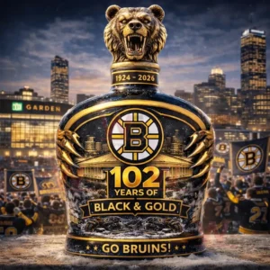 Decorative Boston Bruins anniversary whiskey bottle with roaring bear head stopper displayed in front of a stadium crowd and city skyline!
