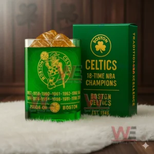 Green themed product photo showing a Boston Celtics glass with gold accents next to a matching box on a soft white surface!