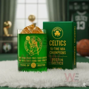 Boston Celtics 18-time NBA Champions Whiskey Glass 4 Product image of a Celtics glass and box placed on a white rug with sports decor in the background!
