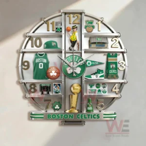 Boston Celtics decorative wall clock with green white design team memorabilia and bold sports identity mounted on a wall!