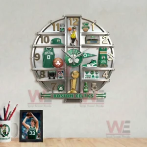 Boston Celtics wall clock above a desk with basketball themed decor and clean background!