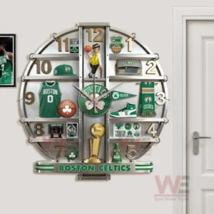 Boston Celtics wall clock mounted near a doorway with clear team details and modern interior style!