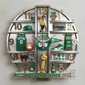 Boston Celtics decorative wall clock with detailed team memorabilia green accents and elegant presentation!