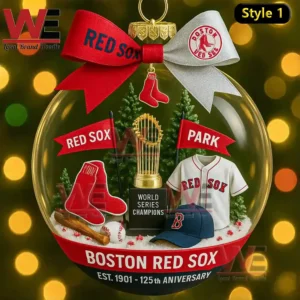 Clear Boston Red Sox themed holiday globe ornament with championship trophy baseball equipment team jersey festive banners and winter decorative accents!