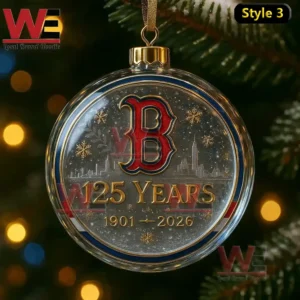 Round Boston Red Sox anniversary ornament displaying team letter city skyline snowflake details and historic celebration years inside a clear decorative globe!