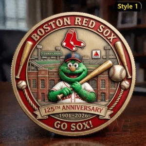 Front view of a Boston Red Sox commemorative coin with the team mascot and Fenway Park design!