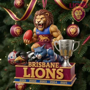 Brisbane Lions championship ornament with lion mascot football trophy and festive tree decorations!
