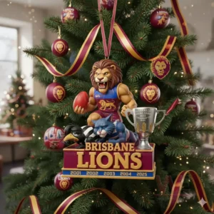 Indoor Christmas tree with Brisbane Lions championship lion ornament and team themed decorations!