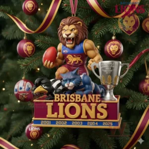 Close up of Brisbane Lions lion mascot ornament with football trophy and championship years!
