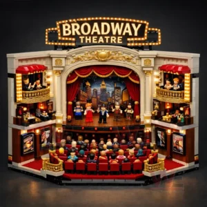 Miniature broadway theatre model with actors on stage red curtains bright lights balconies and a seated audience creating a lively performance scene!