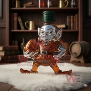 A reflective elf themed bottle holding a football placed on a white rug inside a cozy wooden study room!