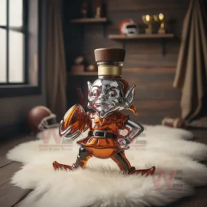 An elf shaped bottle with a wooden cap holding a football inside a warmly lit sports decor room!