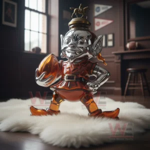 An elf shaped bottle with a horse rider topper holding a football placed on a white rug inside a classic wooden sports room!