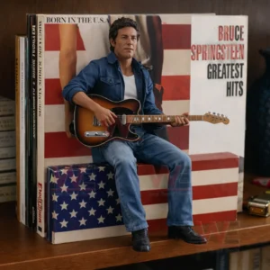 A realistic rock musician figure with a guitar sitting on a shelf among vinyl records and patriotic colors!