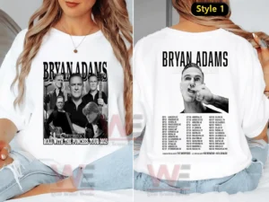 White Bryan Adams tour shirt with front portraits and back tour date listing worn by a seated woman!