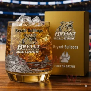 Bryant Bulldogs whiskey glass with ice and amber drink positioned on a wooden surface with a stadium scene in the background highlighting team pride and premium design!