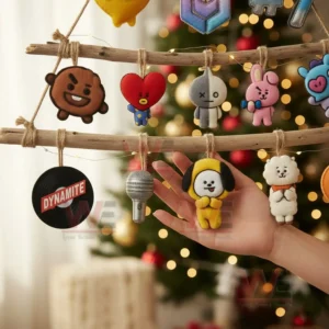 BTS Band Premium Rustic Wall Christmas Tree 4 Close view of bts character ornaments and music themed items hanging on a rustic wooden wall Christmas tree!